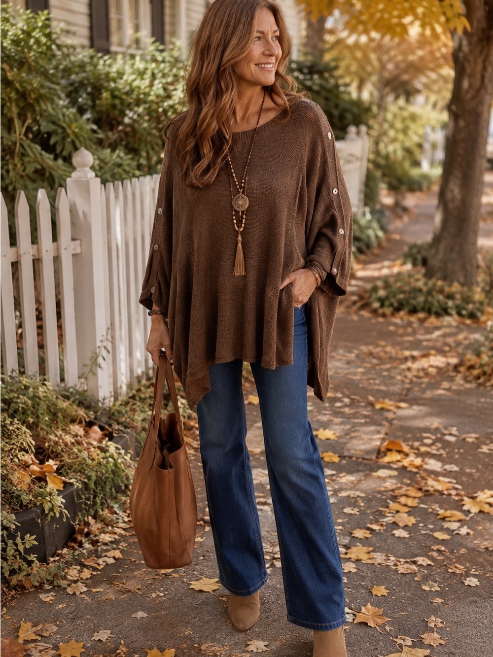 J.Jill One Size Brown Button Sleeve Lightweight Knit Poncho Sweater Boho